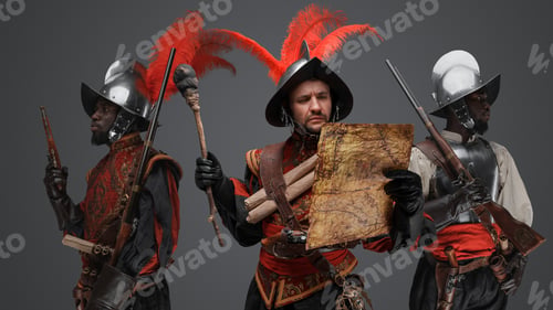 Preview: Conquistador with map and torch with two guards on his sides