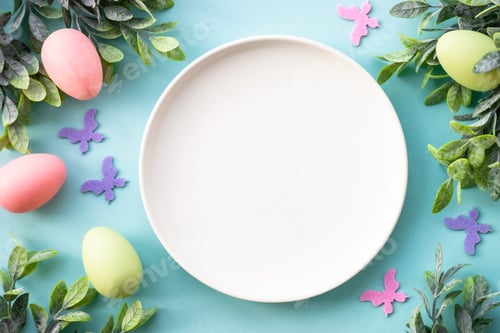 Preview: Easter table setting, Easter food background.