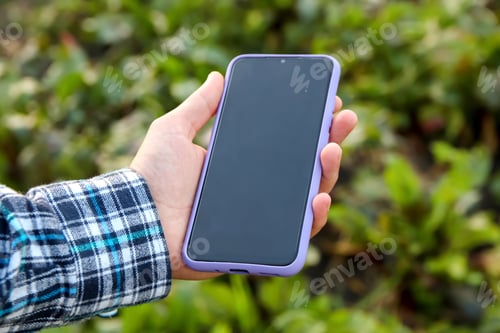 Preview: Phone mock up outside. Farm agriculture concept. farmer with mobile phone in hands in the corn field