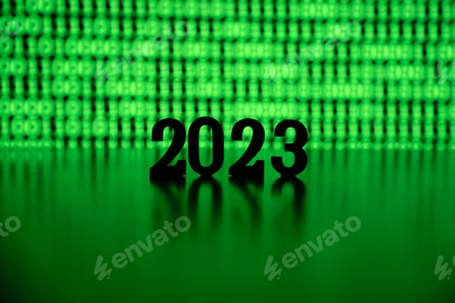 Preview: Year 2023 backlit by green binary code