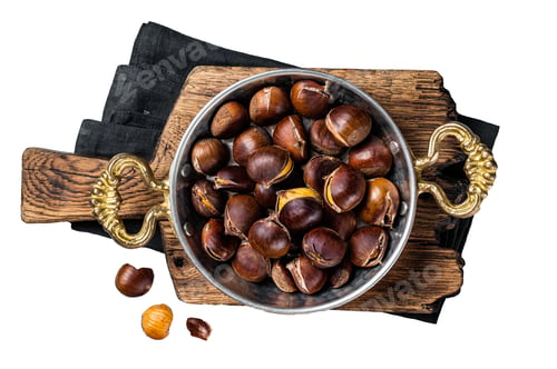 Preview: Cracked roasted chestnuts served in a skillet. Isolated, white background.