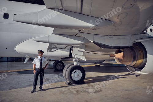 Preview: Handsome captain in hat looking into the distance in front of civil aircraft