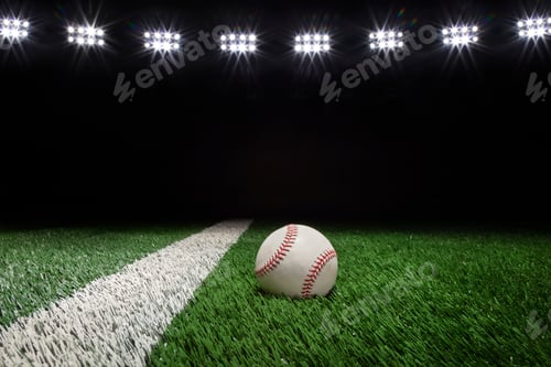 Preview: Baseball on a grass field with stripe and black background under lights