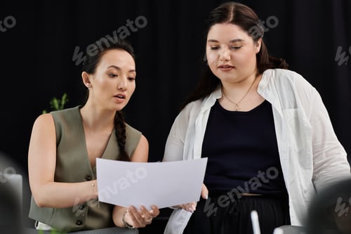 Preview: Two elegant businesswomen collaborating in a modern office environment during a productive meeting