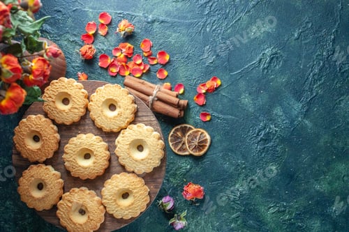 Preview: top view sweet cookies on dark background dessert biscuit sugar sweet break dough tea cake pie