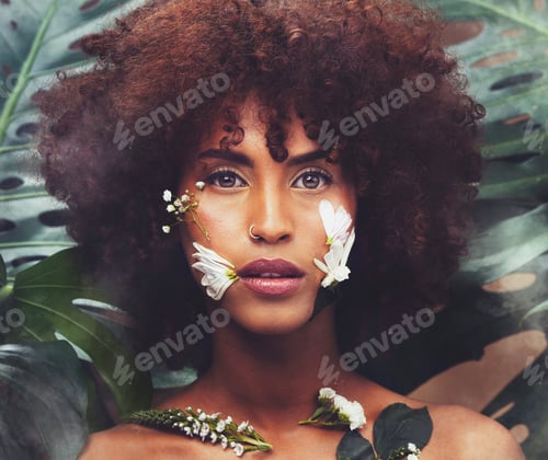 Preview: Flowers, art and portrait of black woman with beauty, skincare and creative or eco friendly cosmeti