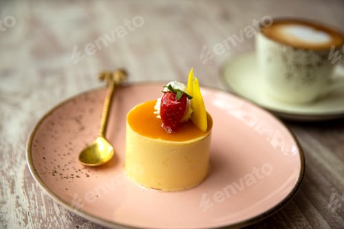 Preview: Sweet dessert cheesecake on pink plate with golden palm spoon and cappuccino