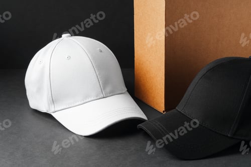 Preview: White and Black Baseball Caps on a Gray Surface Against a Black Background