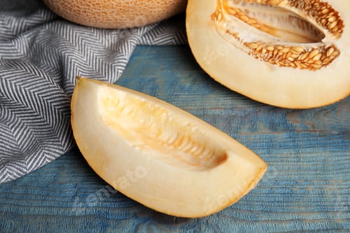 Preview: Tasty cut ripe melon on blue wooden table