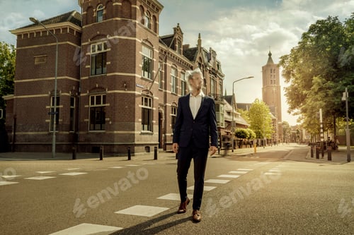 Preview: Netherlands, Venlo, businessman walking on a street with plastic bag over his head