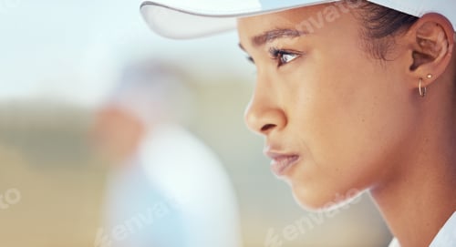 Preview: Tennis player face, sports game and woman training for competition on court for health, motivation