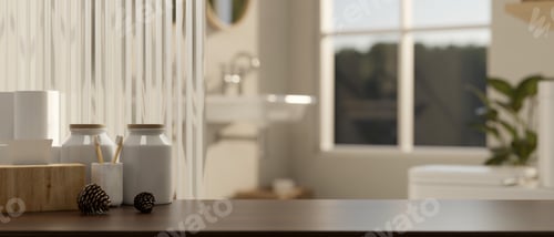 Preview: Close-up image of a modern dark hardwood tabletop with copy space in modern white bathroom