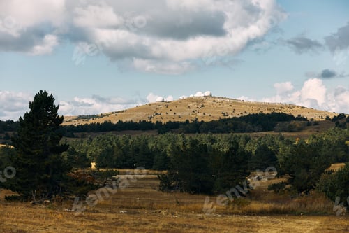 Preview: Serene countryside landscape with cow grazing in lush field, rolling hills, and picturesque clouds