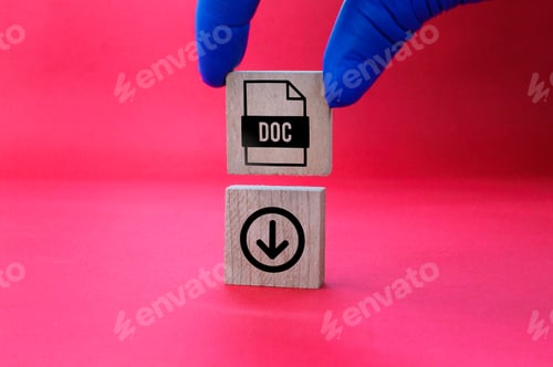 Preview: wooden square with DOC format file icon and download.