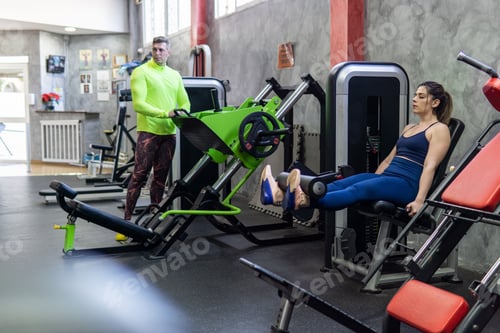 Preview: Personal trainer coaching a young caucasian woman, legs exercises with machine in the gym