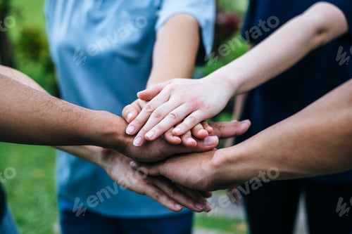 Preview: Close up team students teamwork stack hands together. Startup, Success concept.
