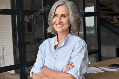 Preview: Portrait of smiling business woman standing in home office.