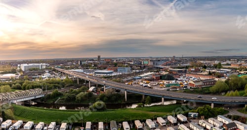 Preview: Aerial view of Doncaster city centre with transport links at sunset