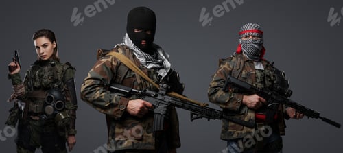 Preview: Radical militants in camouflage group portrait