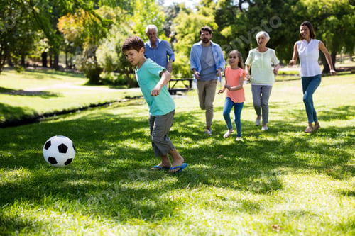 Preview: Multi generation family playing football in park
