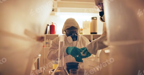 Preview: Drugs, people and gas mask in lab for production of illegal substances, narcotics and crystal meth.