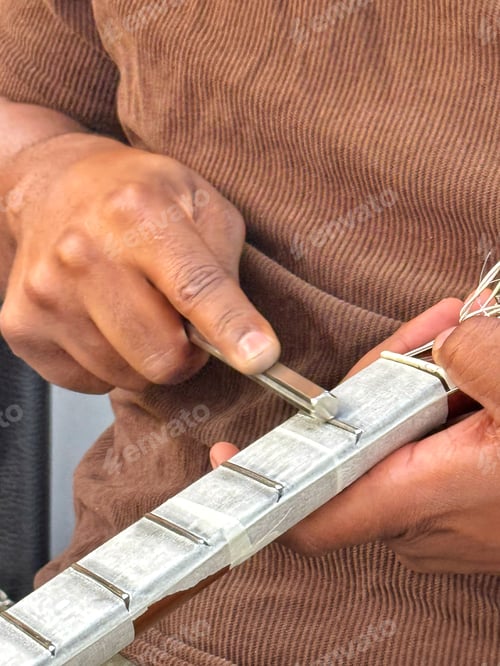 Preview: A young gen z diverse unrecognizable black male musician repairs acoustic guitar by hand with tool