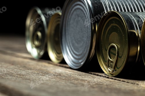 Preview: Tin cans with food on the table.