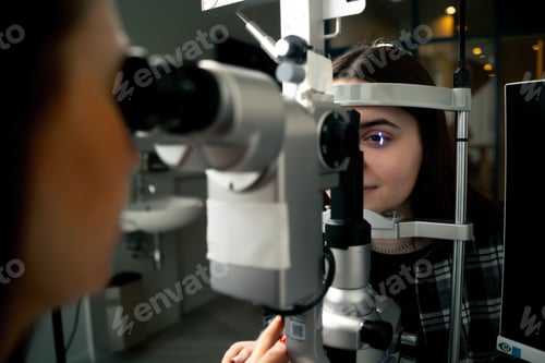 Preview: in an ophthalmology clinic young doctor diagnoses a young girl with a magnifying lens