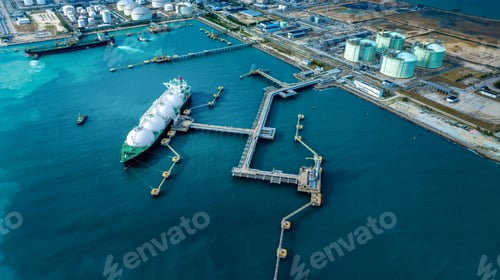 Preview: LNG (Liquified Natural Gas) tanker anchored in Gas terminal gas tanks for storage. Oil Crude Gas
