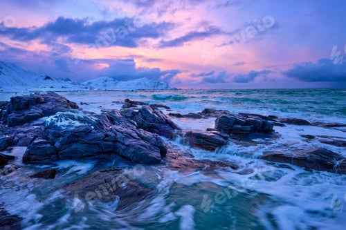 Preview: Norwegian Sea waves on rocky coast of Lofoten islands, Norway