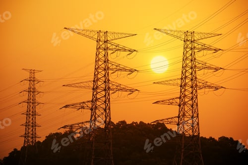 Preview: High Voltage Electric Transmission Tower At Sunset.
