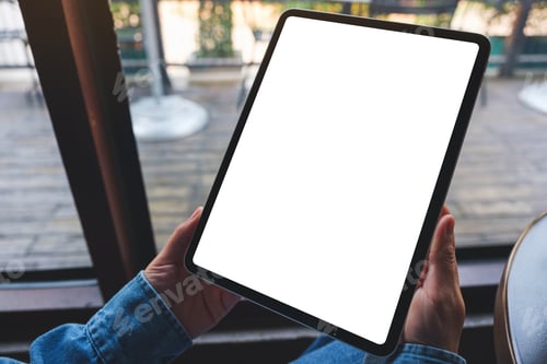 Preview: Mockup image of a woman holding digital tablet with blank white desktop screen