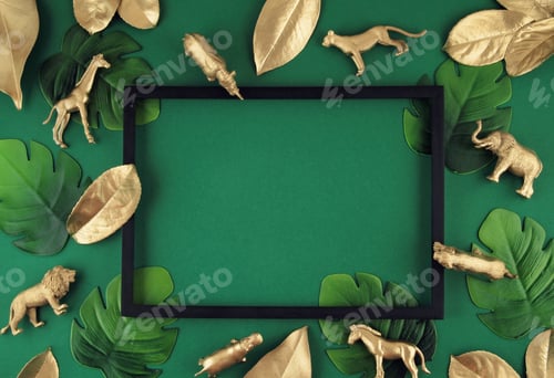 Preview: Abstract background with golden tropical leaves and exotic animals