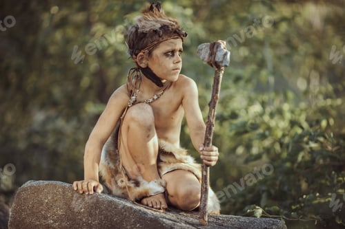 Preview: Caveman, Manly Boy With Primitive Weapon Hunting Outdoors