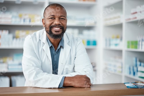 Preview: Medicine, healthcare and portrait of black man at pharmacy for trust, insurance and prescription. W