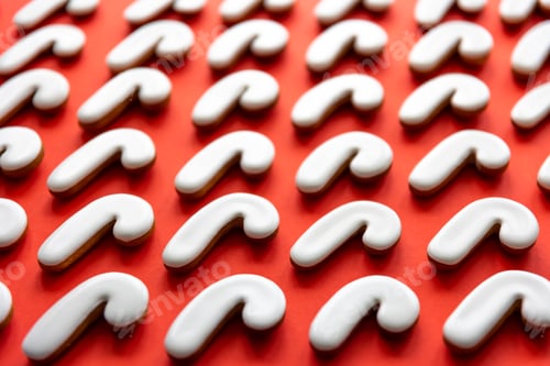 Preview: A lot of gingerbread candy cane shaped cookies on a red background.