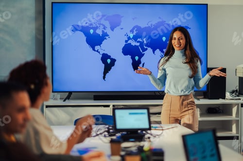 Preview: Portrait of a beautiful woman team leader sharing ideas to diverse coworkers