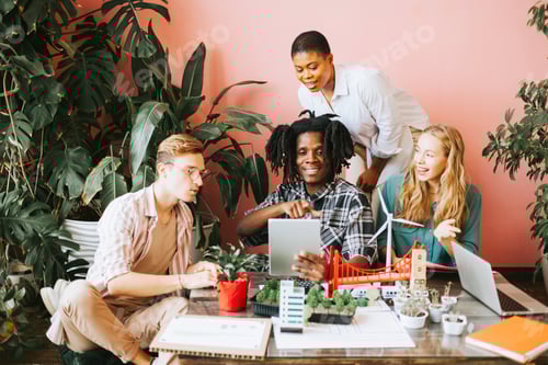 Preview: diversity and international group of young people students working eco friendly urban city project