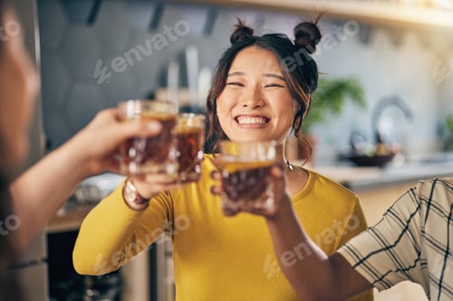 Preview: Women group, toast cocktail and home with smile, celebration and party with alcohol, glass or juice