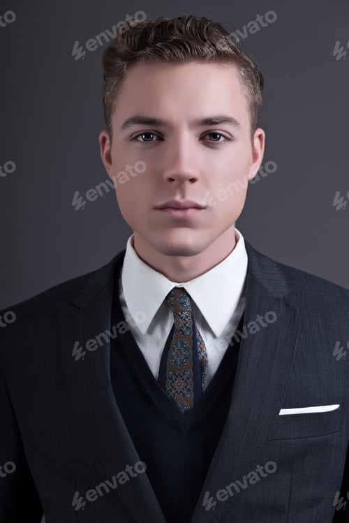 Preview: Retro Fifties Fashion Young Businessman Wearing Dark Suit And Tie. Studio Shot Against Grey.