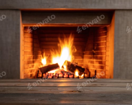 Preview: Table on blur burning fireplace background. Empty wooden planks, space.
