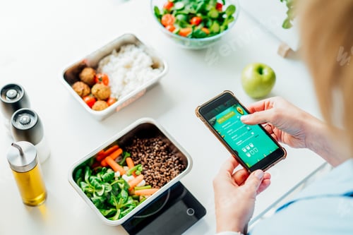 Preview: Healthy diet plan for weight loss, daily ready meal menu. Woman using meal tracker app on phone