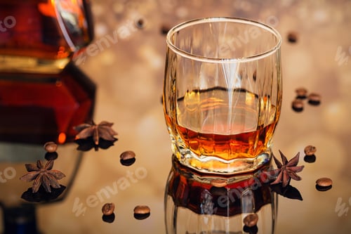 Preview: Cognac or Liqueur, Coffee Beans and Spices on a Glass Table