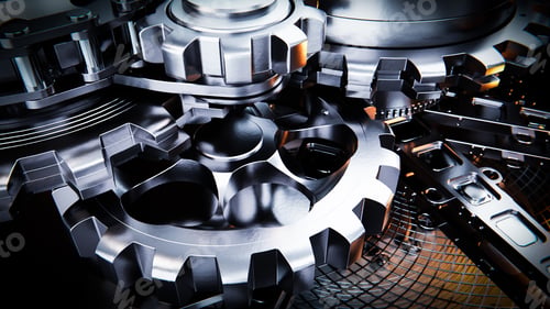 Preview: Close up view of interlocking metallic gears rotating smoothly in complex machinery