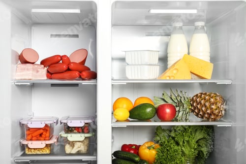 Preview: Open refrigerator full of different fresh products