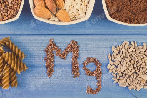 Preview: Inscription Mg and ingredients containing magnesium, vitamins and minerals. Healthy nutrition