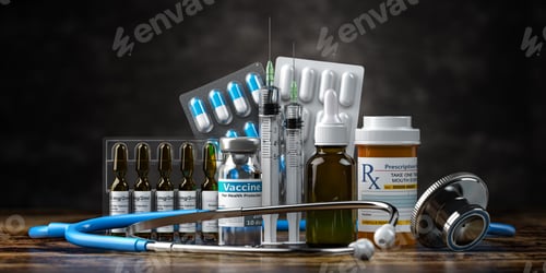 Preview: Healthcare and medicine concept background. Medication, pills, blisters, vaccine