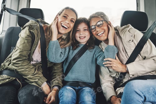 Preview: Road trip, family and travel with child, mother and grandma feeling uber happy traveling together i