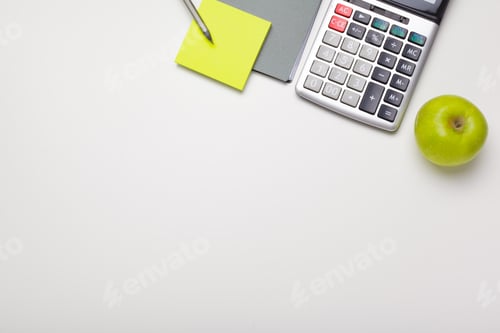 Preview: School and office supplies over office table. Top view with copy space