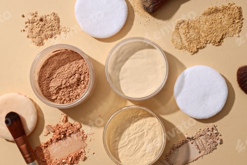 Preview: Bottles of face powder, different shades, on a pastel background.